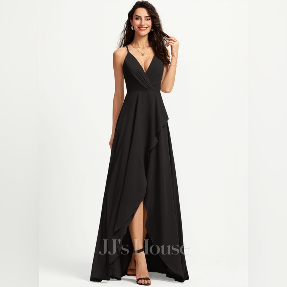 JJ’s House A-Line V-Neck Asymmetrical Black Chiffon Dress Size 6 NWT